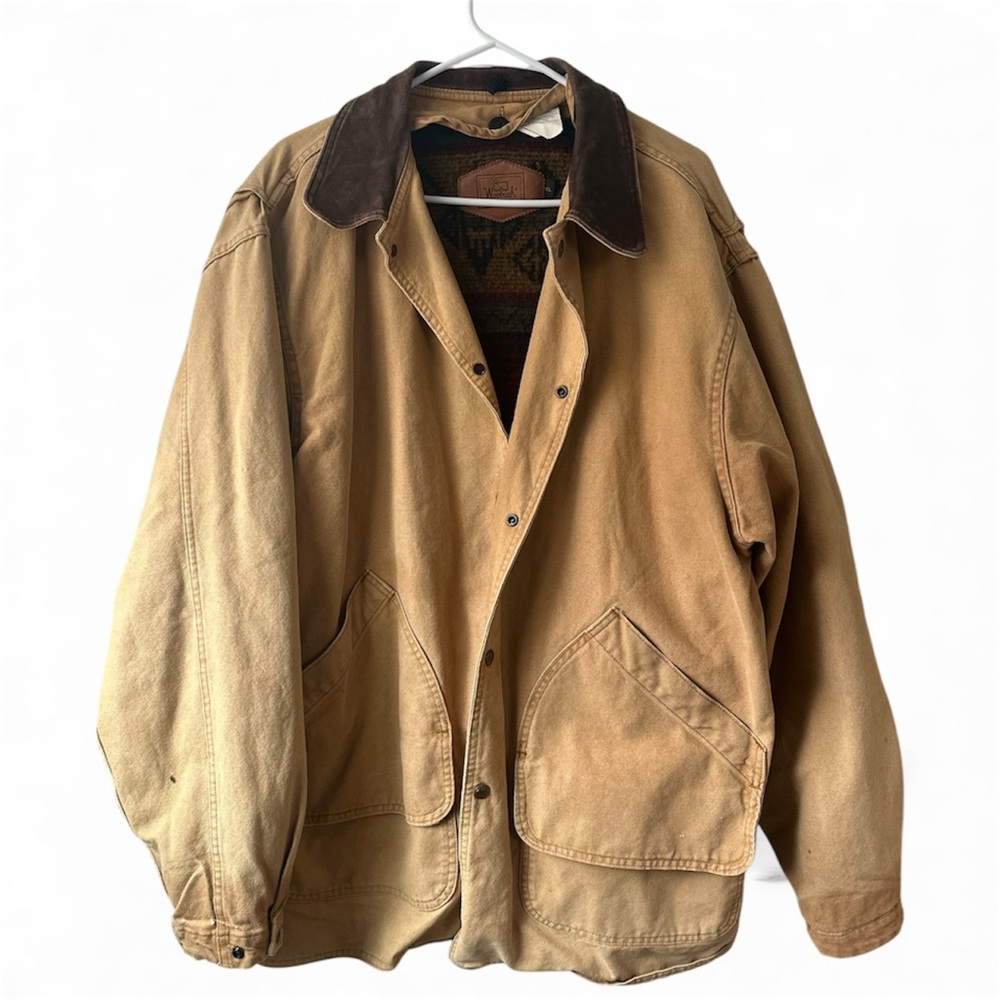 Vintage Woolrich Chore Jacket Aztec Medium Leather Collar Wool Duck Canvas